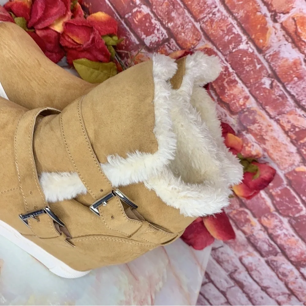 Madden NYC Tan Suede Faux Fur Peytonn Wedge Ankle Boots